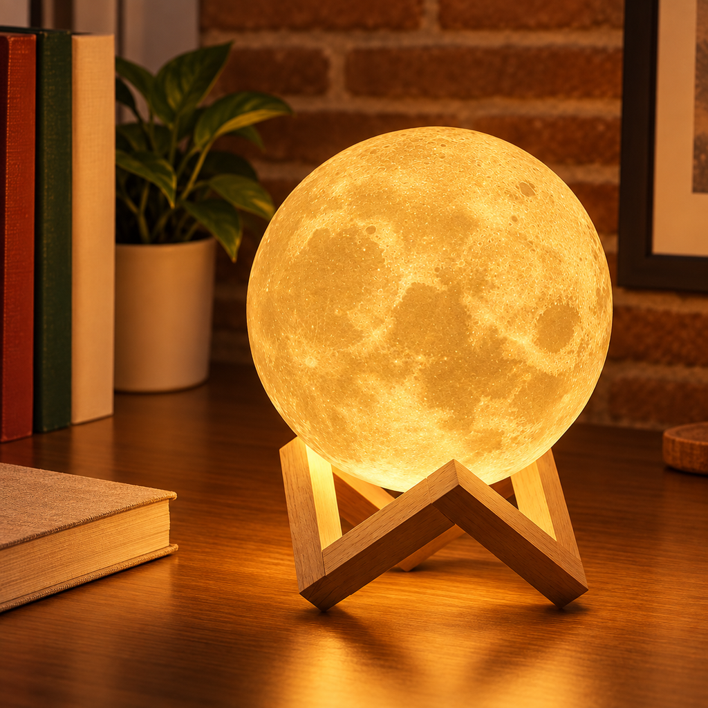 Luminária Lua LED com Efeito Estrelado, Alimentada por Bateria, com Suporte – Luz Noturna Decorativa para Quarto e Presente