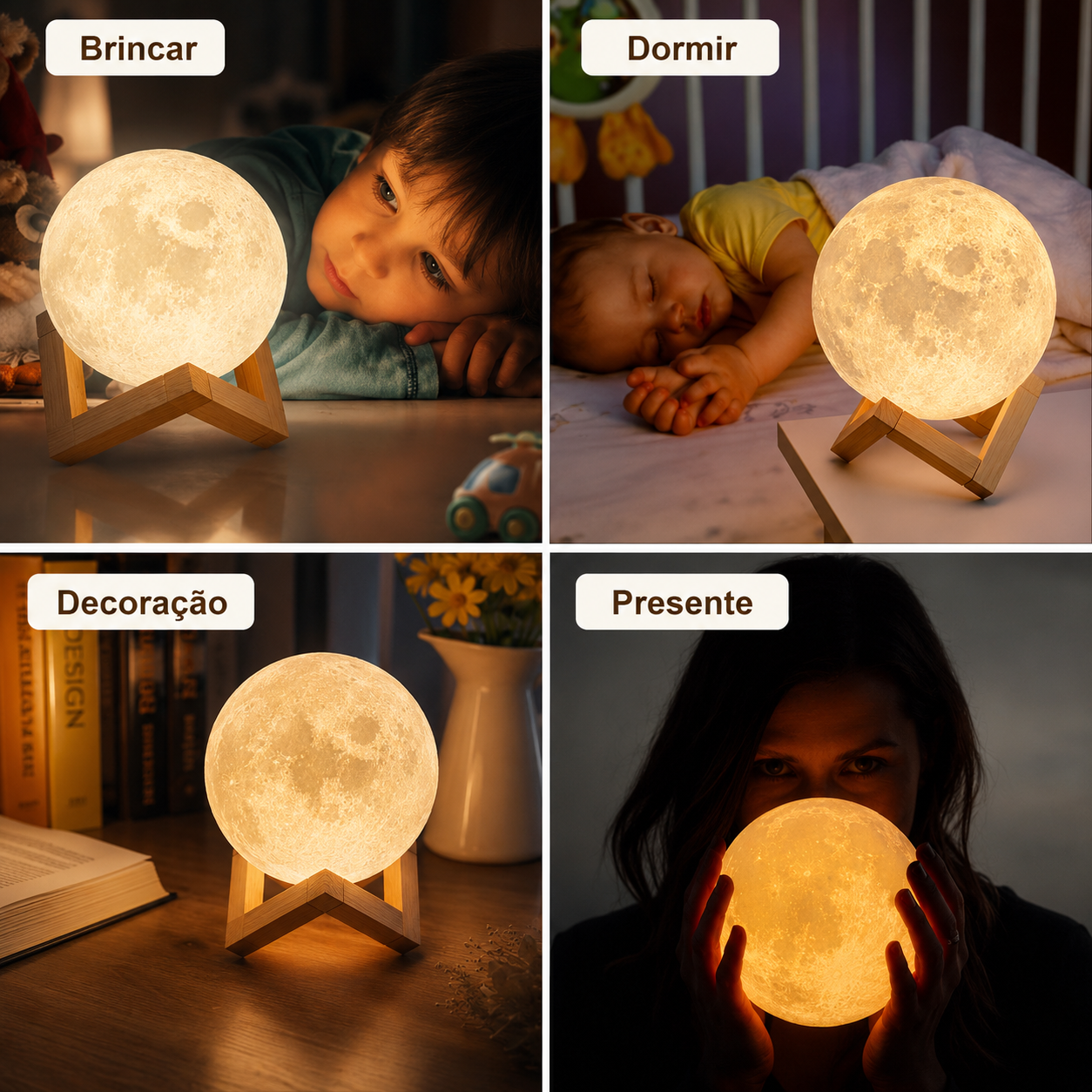 Luminária Lua LED com Efeito Estrelado, Alimentada por Bateria, com Suporte – Luz Noturna Decorativa para Quarto e Presente