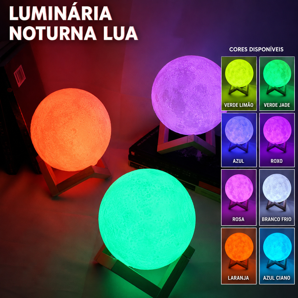Luminária Lua LED com Efeito Estrelado, Alimentada por Bateria, com Suporte – Luz Noturna Decorativa para Quarto e Presente