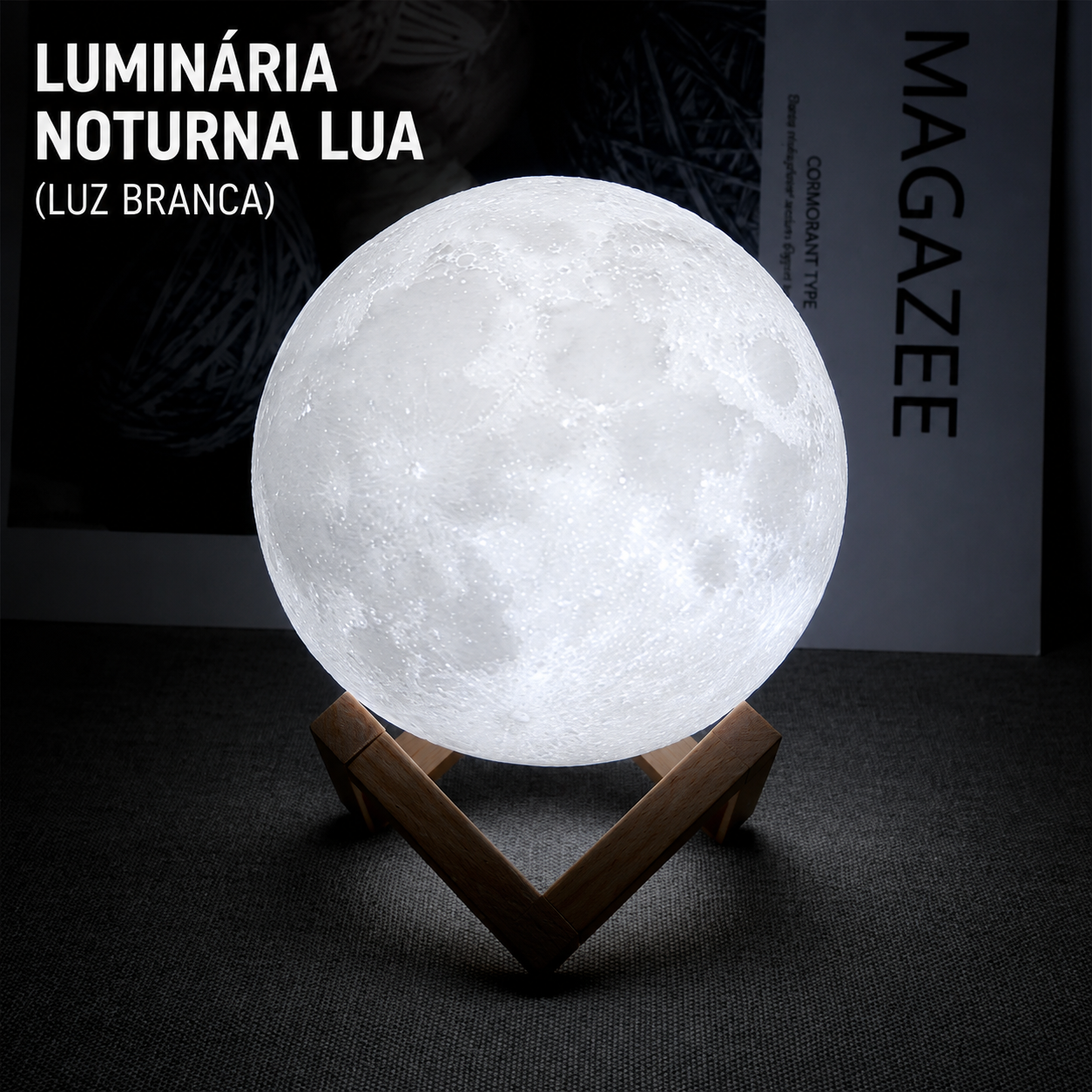 Luminária Lua LED com Efeito Estrelado, Alimentada por Bateria, com Suporte – Luz Noturna Decorativa para Quarto e Presente