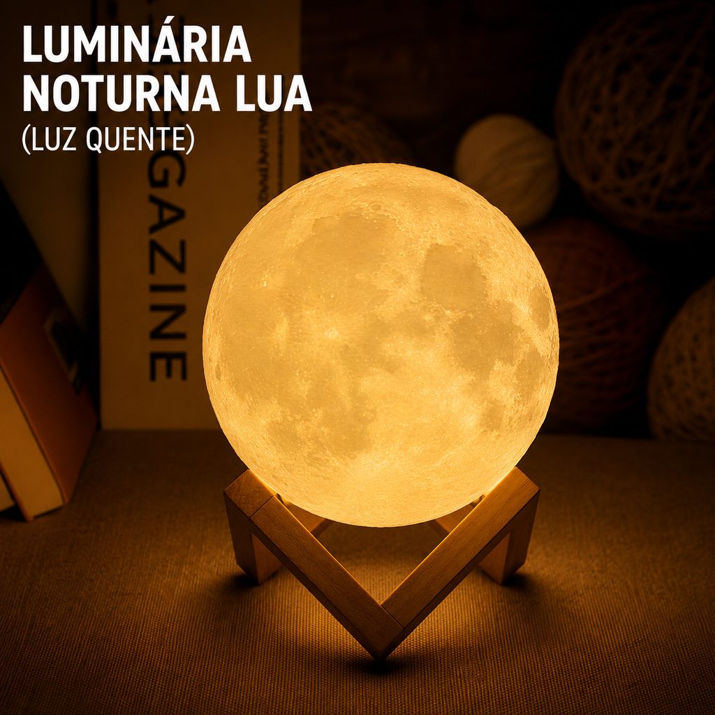 Luminária Lua LED com Efeito Estrelado, Alimentada por Bateria, com Suporte – Luz Noturna Decorativa para Quarto e Presente