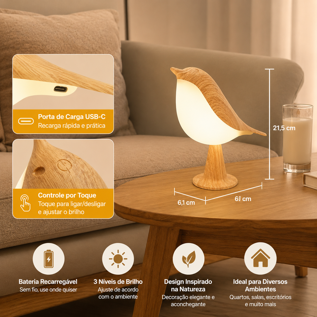 Luminária LED Pássaro Touch Recarregável USB 3 Níveis de Brilho Sem Fio Decorativa