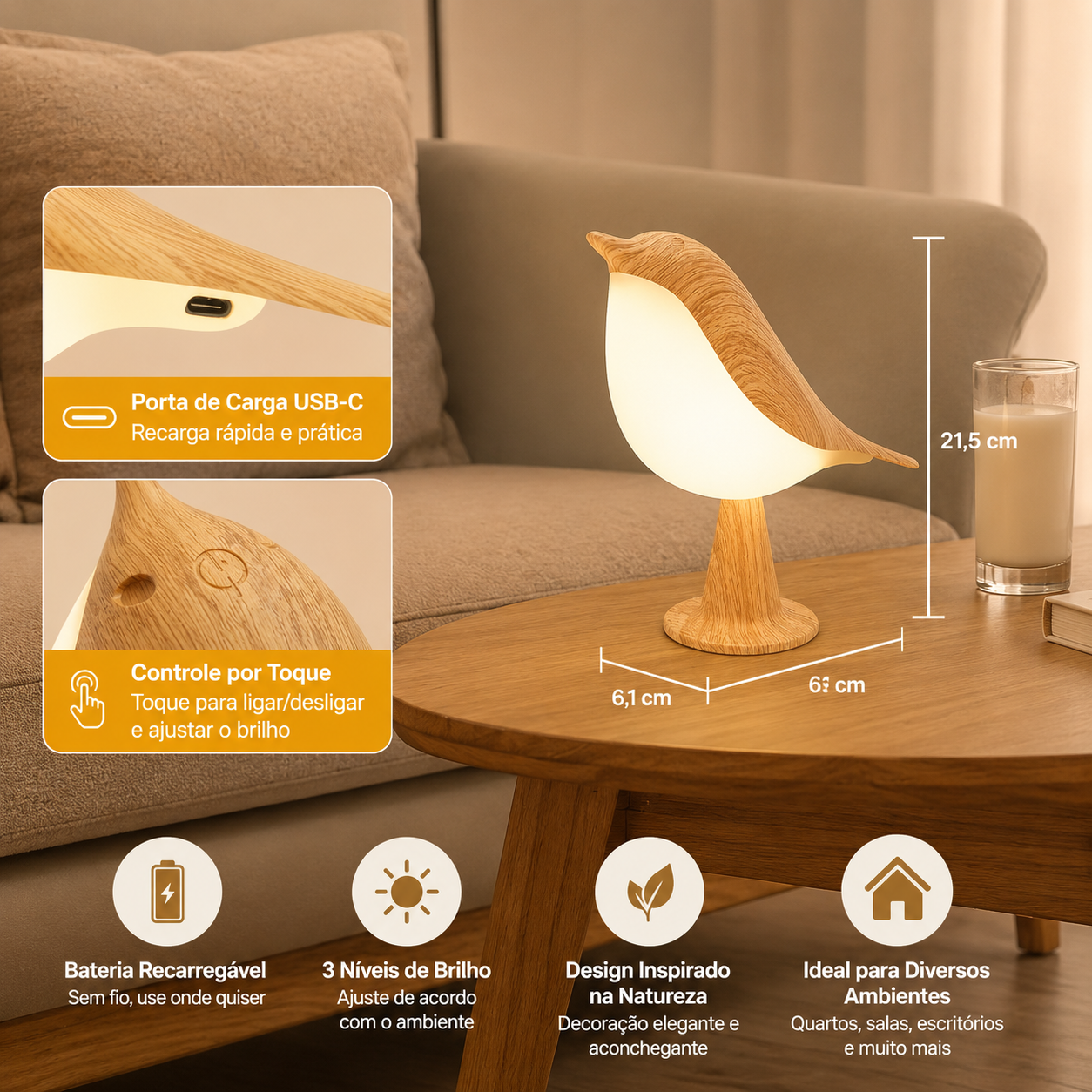 Luminária LED Pássaro Touch Recarregável USB 3 Níveis de Brilho Sem Fio Decorativa